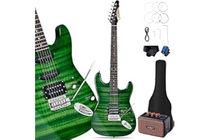 Leo Jaymz 39" Full Size ST Style Electric Guitar Starter Kit with SSH Pickup, 5W Portable Amp, Tuner, Gig Bag, Strap & Accessories (Green Flame)