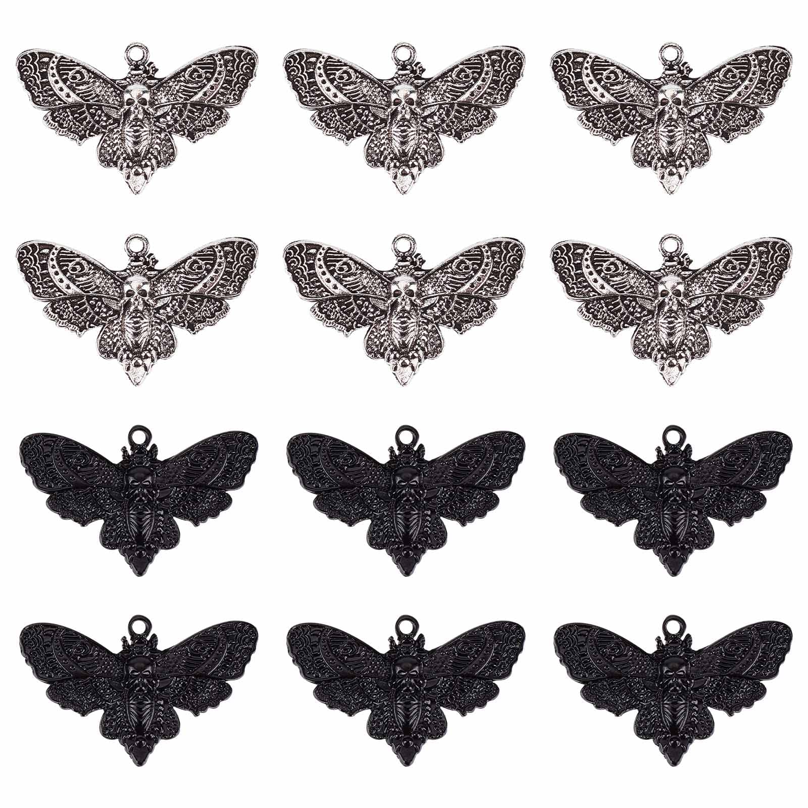 SUNNYCLUE 1 Box 20Pcs Moth Charms Gothic Charm Halloween Skull Skeleton Head Flying Animal Insect for jewellery Making Gothic Style Necklace Earrings Keychain DIY Craft Supplies