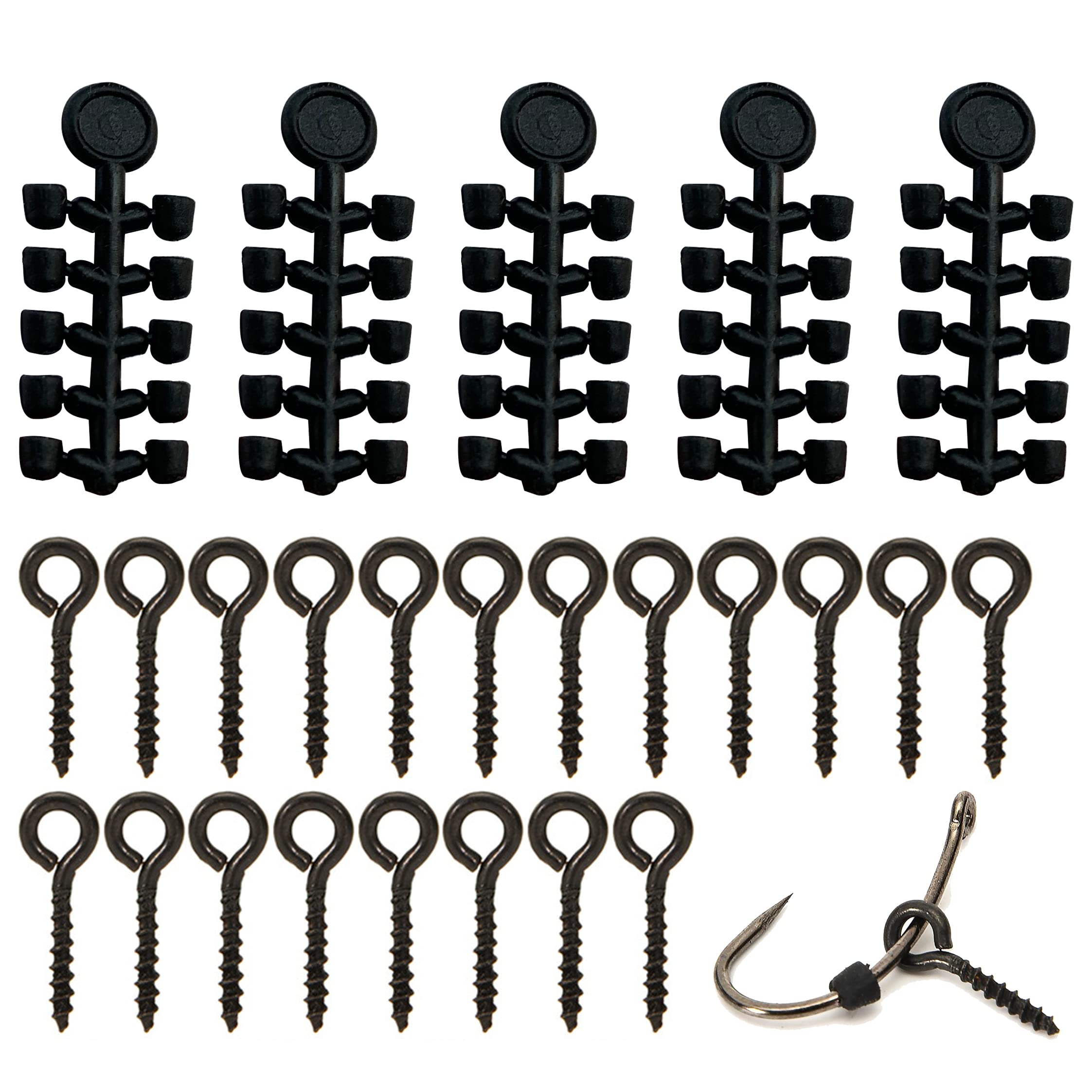 NewShot 20x Fishing Bait Screws & 50x Hook Stops, Carp Boilie Bait Screw Eyes With Round Link Loop Swivels Terminal Hair Rig Tackle Carp Fishing Accessories