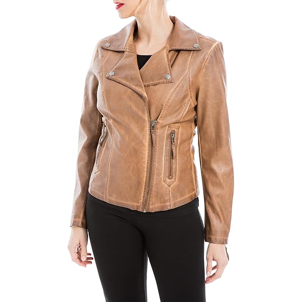 ジャケット・アウター (OUNCE) studio leather jacket Max Studio Women's Faux Leatherette Zip Front Jacket, Black
