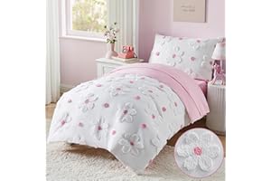 CotComf Toddler Bedding Set for Girls 4-Piece Pink Tufted Daisy Flowers Toddler Comforter Sheets Set Bed-in-a-Bag Toddler Bedroom Set with Comforter, Flat Sheet, Fitted Sheet, Pillowcase