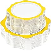realluck 100 PCS White and Yellow Disposable Plates for 50 Guests, Scalloped Plastic Plates Include 50 Dinner Plates and 50 Dessert Plates for Party, Wedding