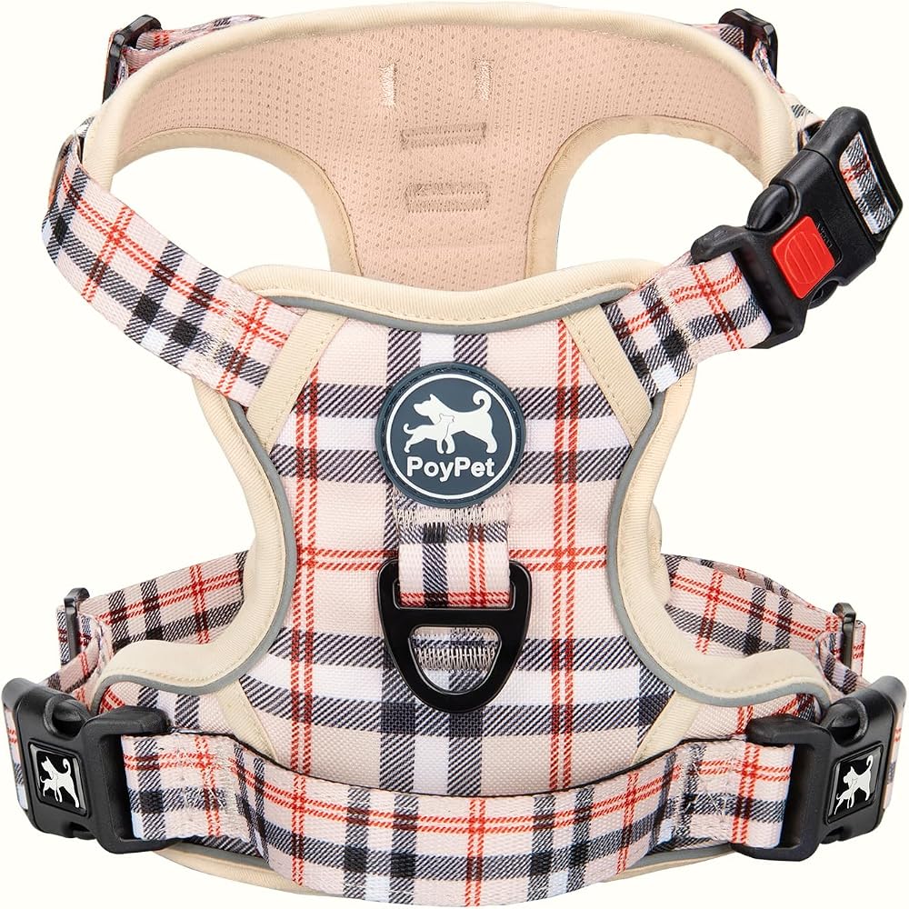 PoyPet No Pull Dog Harness Reflective Front Back Attachments Medium Beige