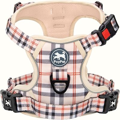 PoyPet No Pull Dog Harness Reflective Front Back Attachments Medium Beige