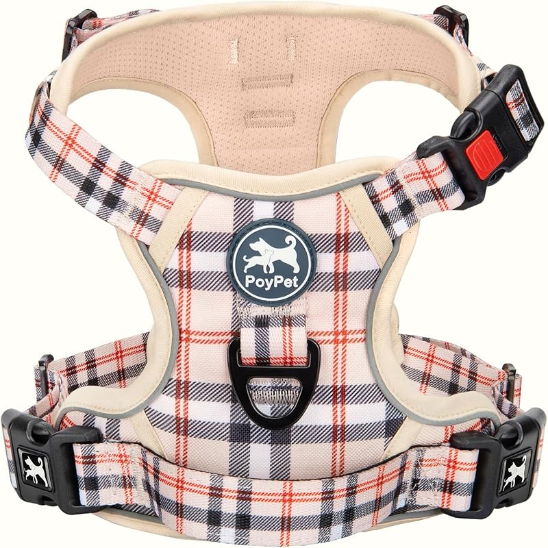 PoyPet No Pull Dog Harness Reflective Front Back Attachments Medium Beige