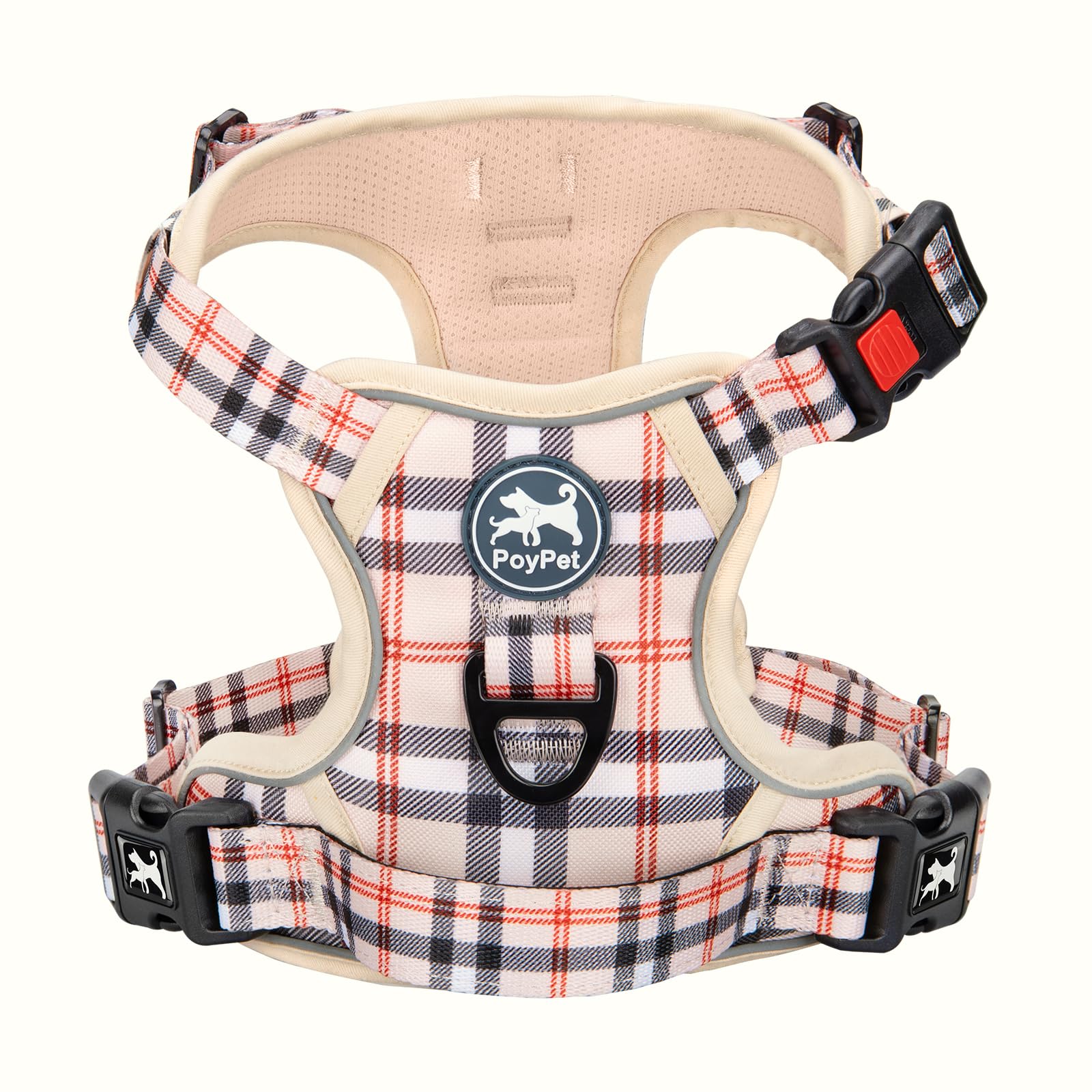 PoyPet No Pull Dog Harness, [Release on Neck] Reflective Adjustable No Choke Pet Vest with Front & Back 2 Leash Attachments, Soft Control Training Handle for Small Dogs(Checkered Beige,S)