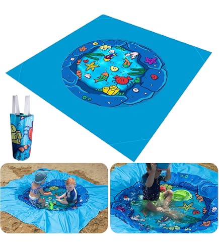 Piscine De Plage Bébé Pliable 2-en-1 - Pataugeoire Portable Avec Tapis D'Eau Et Piquets - Idéale Jardin, Plage, Camping (Carré 200x200 Cm)
