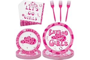 durony 96 Pieces Let's Go Girls Party Tableware Serve 24 Guests Cowgirl Paper Plates Dessert Plates Disposable Paper Napkins Forks Bachelorette Decorations for Birthday Disco Cowgirl Party Supplies