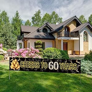 Large Cheers to 60 Years Banner, Black Gold 60 Anniversary Party Sign, 60th Happy Birthday Banner(9.8feet X 1.6feet)
