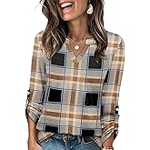 WIHOLL Womens Casual V Neck Rolled Long Sleeve Work Tops Blouses Shirts Fall Outfits