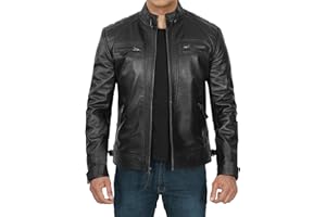 Decrum Mens Leather Jacket - Real Lambskin Cafe Racer Motorcyle Style Leather Jackets For Men