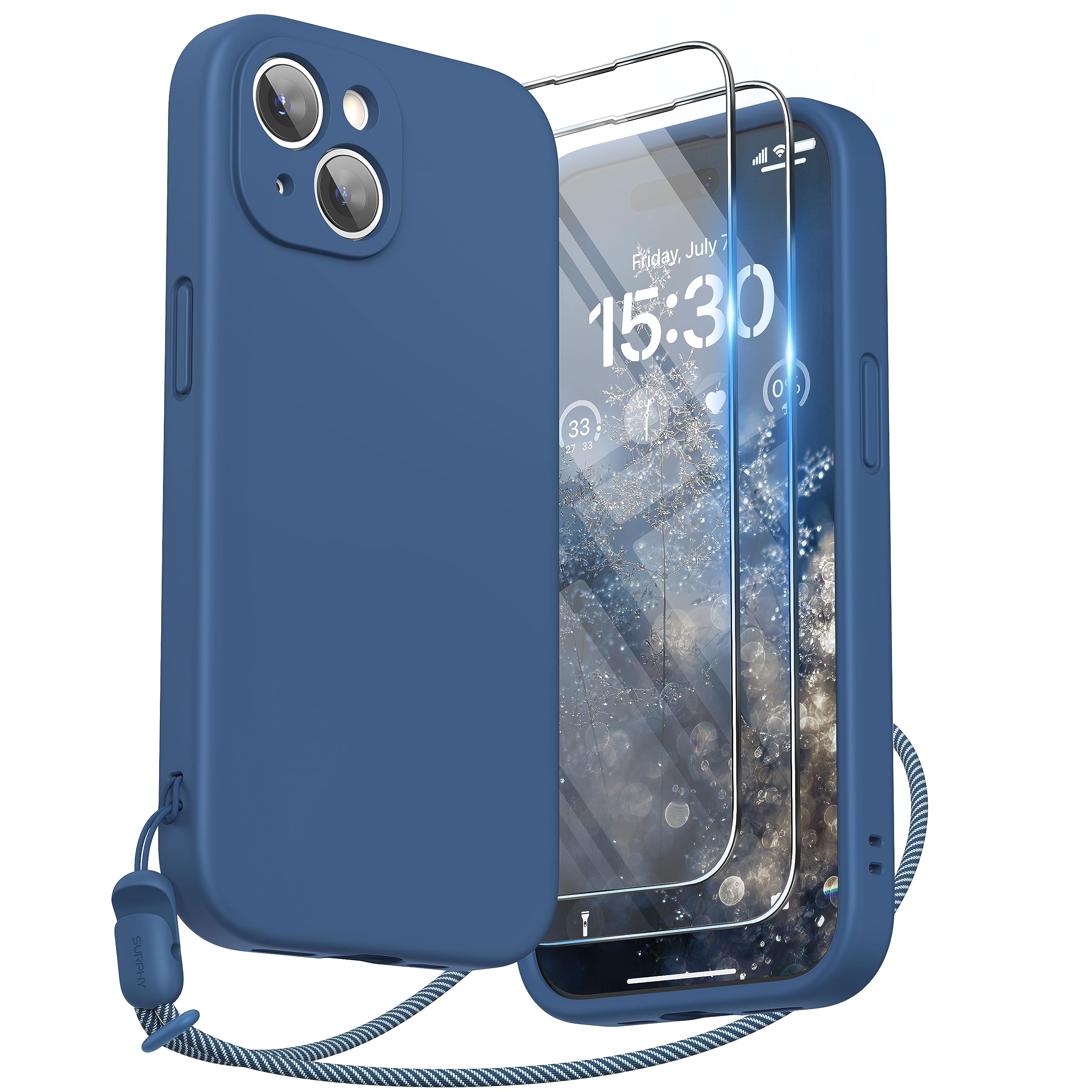 SURPHY Design for iPhone 15 Case, Liquid Silicone Protection for Each Lens [2 x Screen Protectors & 1 x Lanyard] Shockproof Cover for iPhone 15 6.1 inch 2023, Blue Jay — image 1