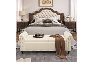 FIVEWILLOWISE 65 Inch Bedroom Bench, End of Bed Bench with Storage, Bed Benches for Foot of Bed, Faux Leather Window Bench with Tufted Button and Nailhead Trim, Upholstered Storage Bench, Rolled Arms, Cream White