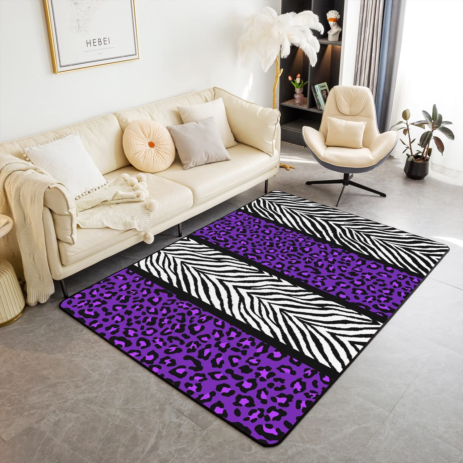 Loussiesd Purple Leopard Living Room Rugs 100x150cm Kids Black White Zebra Living Room Rugs for Cheetah Decorative Carpet Animal Print Indoor Floor Mat Room Decor Accent Rug