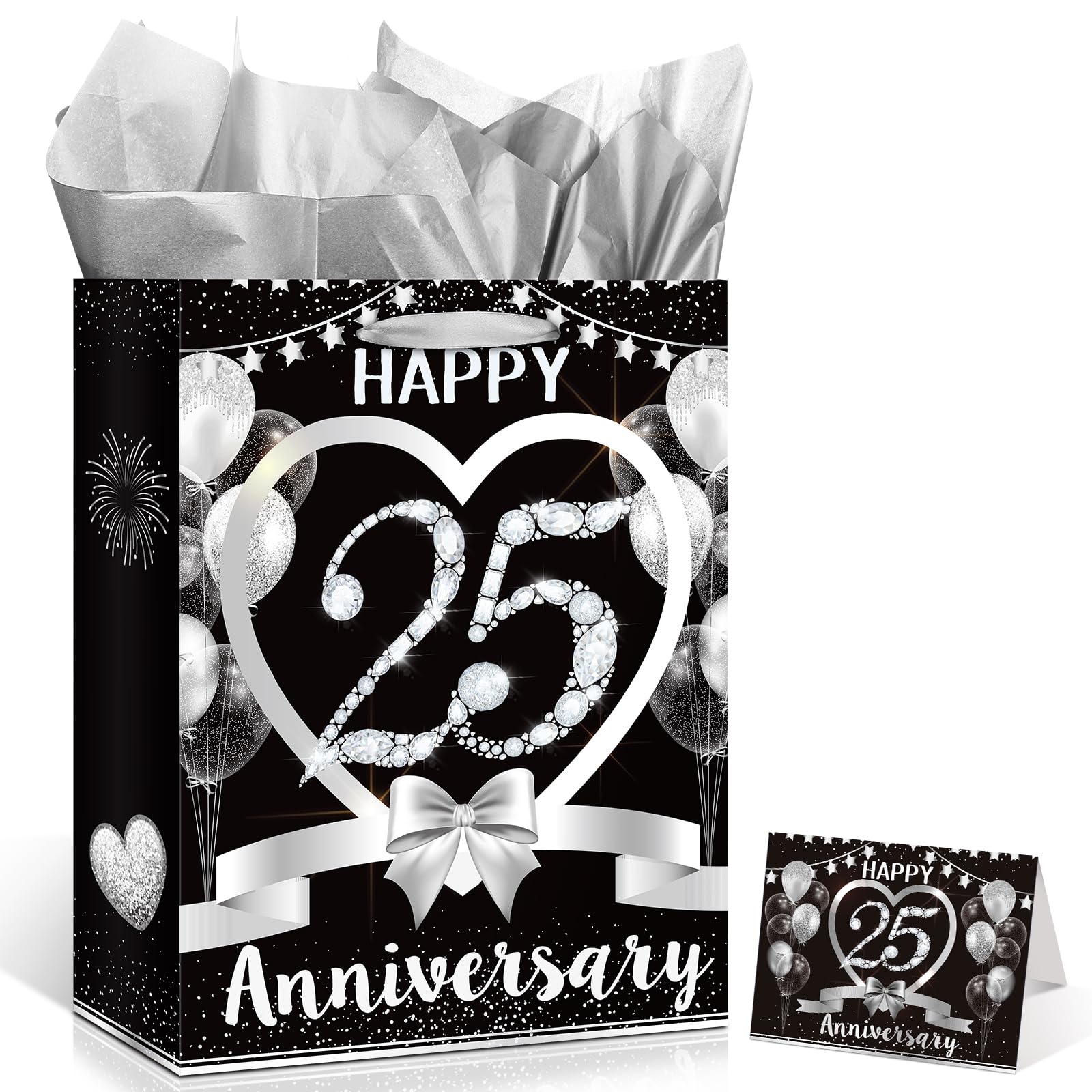 Black Silver Happy 25th Anniversary Paper Gift Bag with Tissue