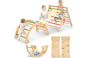 CoziBB Pikler Triangle Set, 5 in 1 Large Wooden Montessori Climbing Toys (Rainbow, Large: 3-6+ Years)