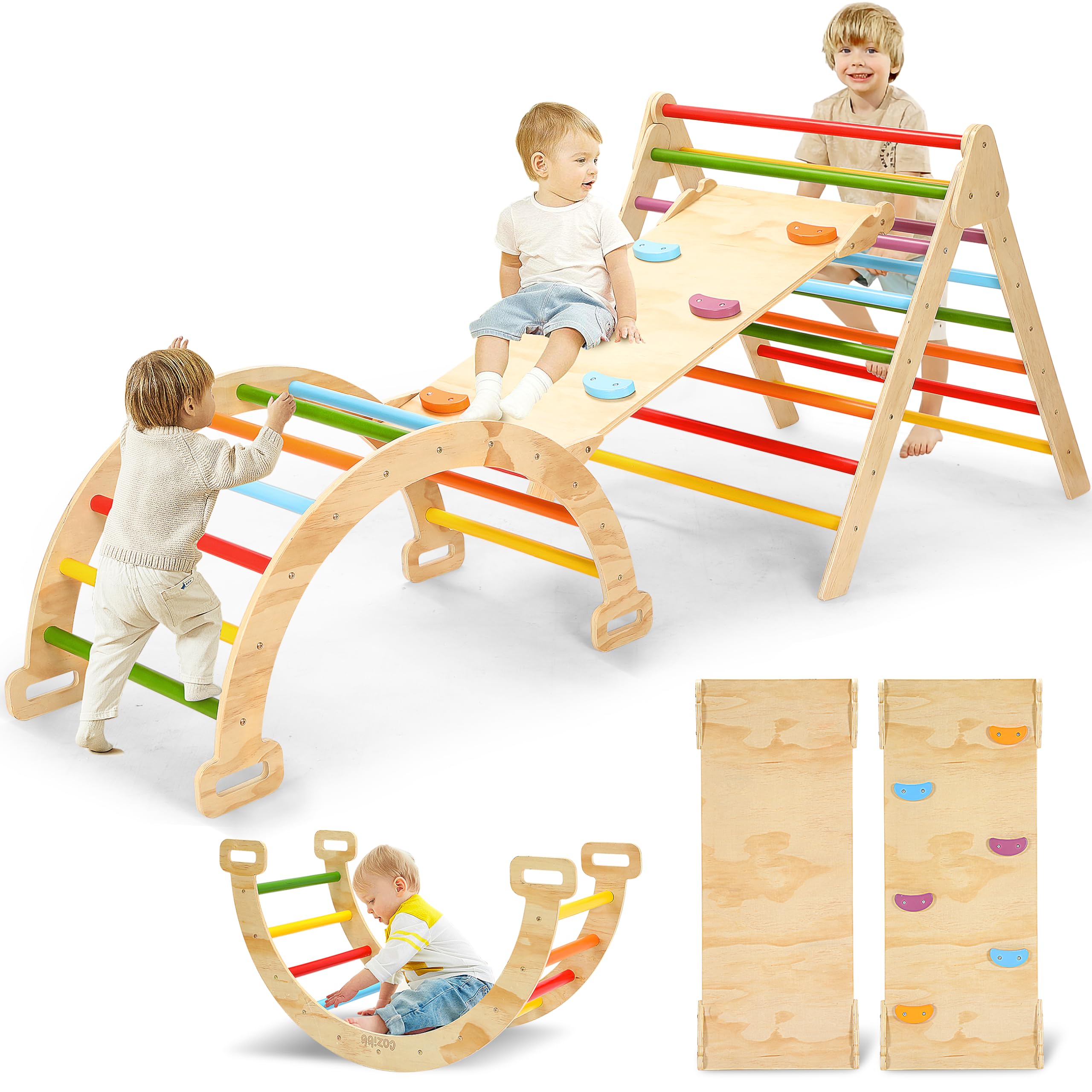 Photo 1 of CoziBB Pikler Triangle Set, 5 in 1 Large Wooden Montessori Climbing Toys (Rainbow, Large: 3-6+ Years)
