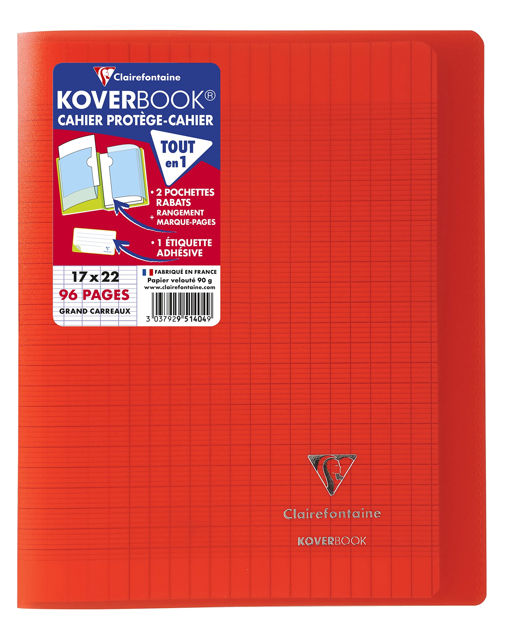 Clairefontaine 951404C - One Red Koverbook Stapled Notebook - Dimensions: 17 cm x 22 cm - 96 Seyes Ruled Pages - White Vellum Paper 90 g - Polypro Cover — image 1
