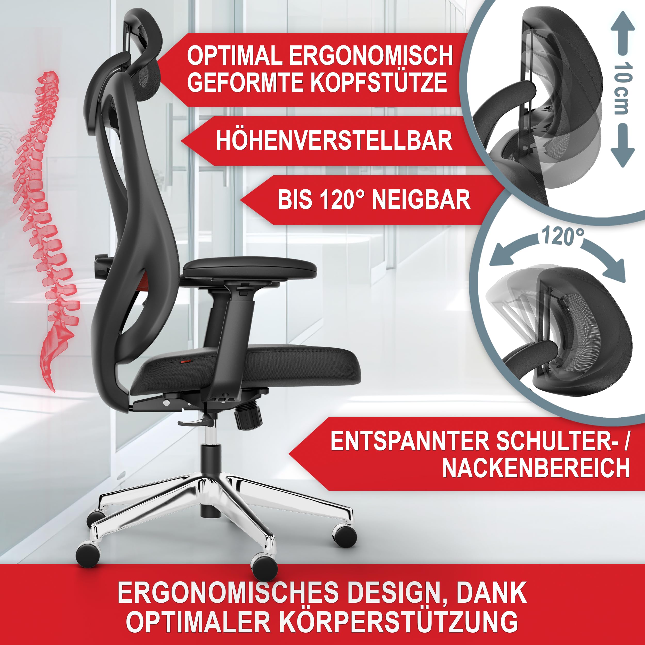 Onbest ergonomischer Bürostuhl für Homeoffice & Büro - mit Lordosenstütze, Verstellbarer Kopfstütze & Armlehnen - atmungsaktiver Mesh-Rücken, breite Sitzfläche, leise Rollen - bis 150 kg belastbar 4