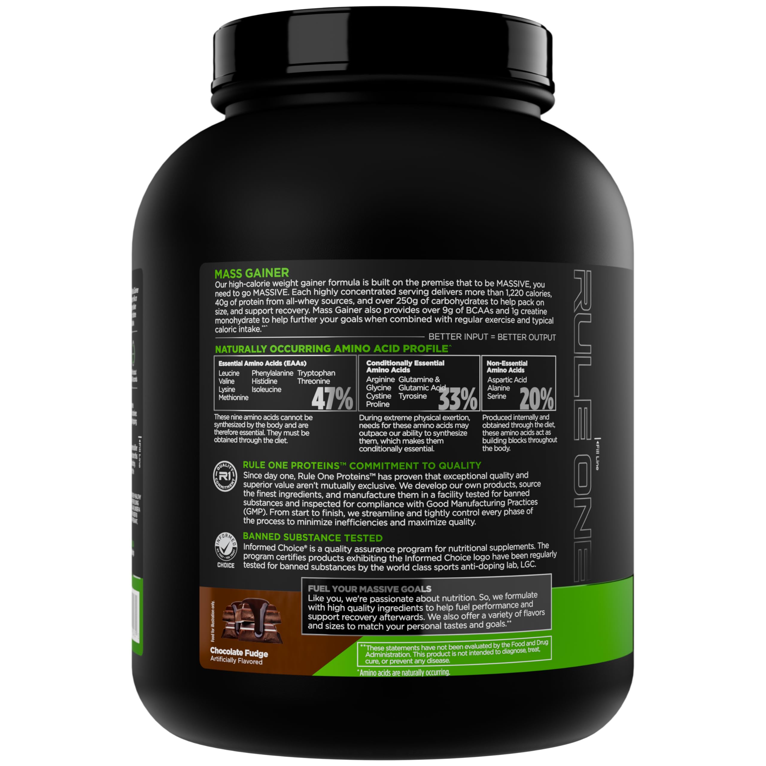 Rule 1 Mass Gainer - High-Calorie Weight Gain Formula with 1,220+ Calories, 250g+ Complex Carb Blend, 40g All-Whey Protein Per Serving (8 Servings, Chocolate Fudge)