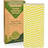 Yellow White Striped Paper Drinking Straws, 10.25 Inch Long, 0.24" Dia. - For Cocktail, Soda, Tall Bottles - 100 PCS