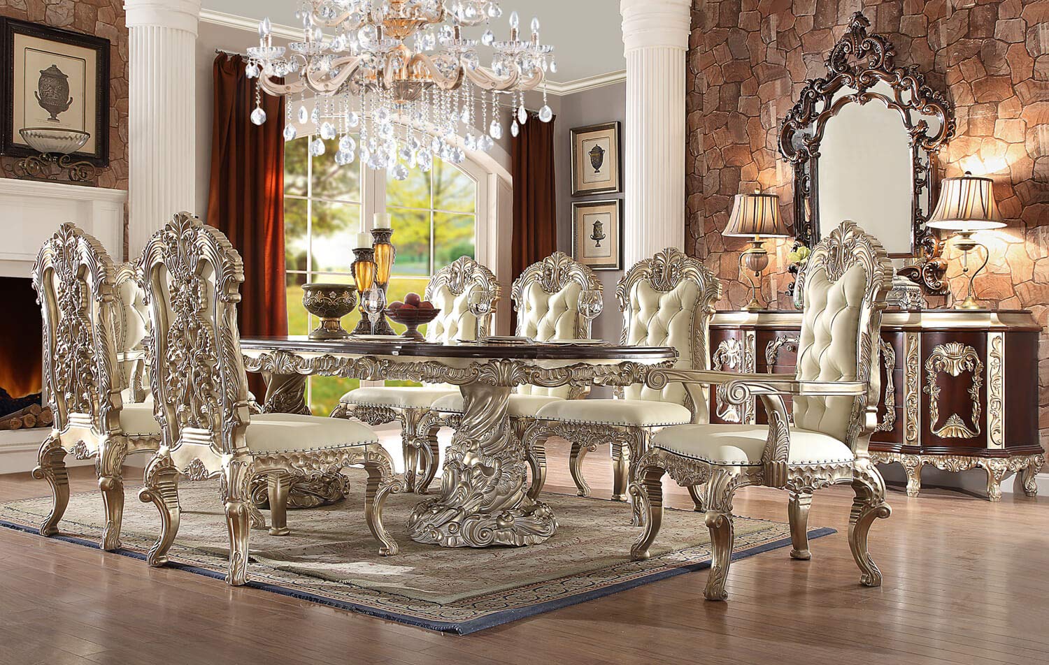 Inland Empire Furniture Viviana 9 Piece Formal Dining Room Set with Intricate Carvings