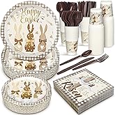 Tessco of Fun 350 Pcs Easter Plates and Napkins Tableware Set- Serves 50, Happy Easter Bunny Disposable Decorations Paper Plates, Napkins, Cups, Spoons, Forks, Knives, Animal Print for Spring Party