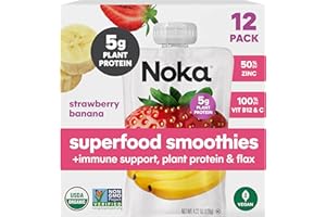 Noka Organic Superfood Fruit Smoothie Pouches, Strawberry Banana with Immune Support, Healthy Snacks with Elderberry, Vitamin C, Flax Seed and Plant Protein, Gluten Free, Vegan, 4.22 oz (12 Pack)