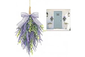 15.7 Inch Teardrop Artificial Lavender Swag with Eucalyptus & Burlap Bow, Faux Floral Wreath for Front Door, Porch, Wall, Win