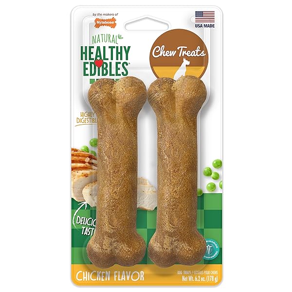 NYLABONE HEALTHY EDIBLES NATURAL DOG CHEWS LONG LASTING CHICKEN FLAVOR TREATS FOR DOGS, MEDIUM/WOLF (2 COUNT)
