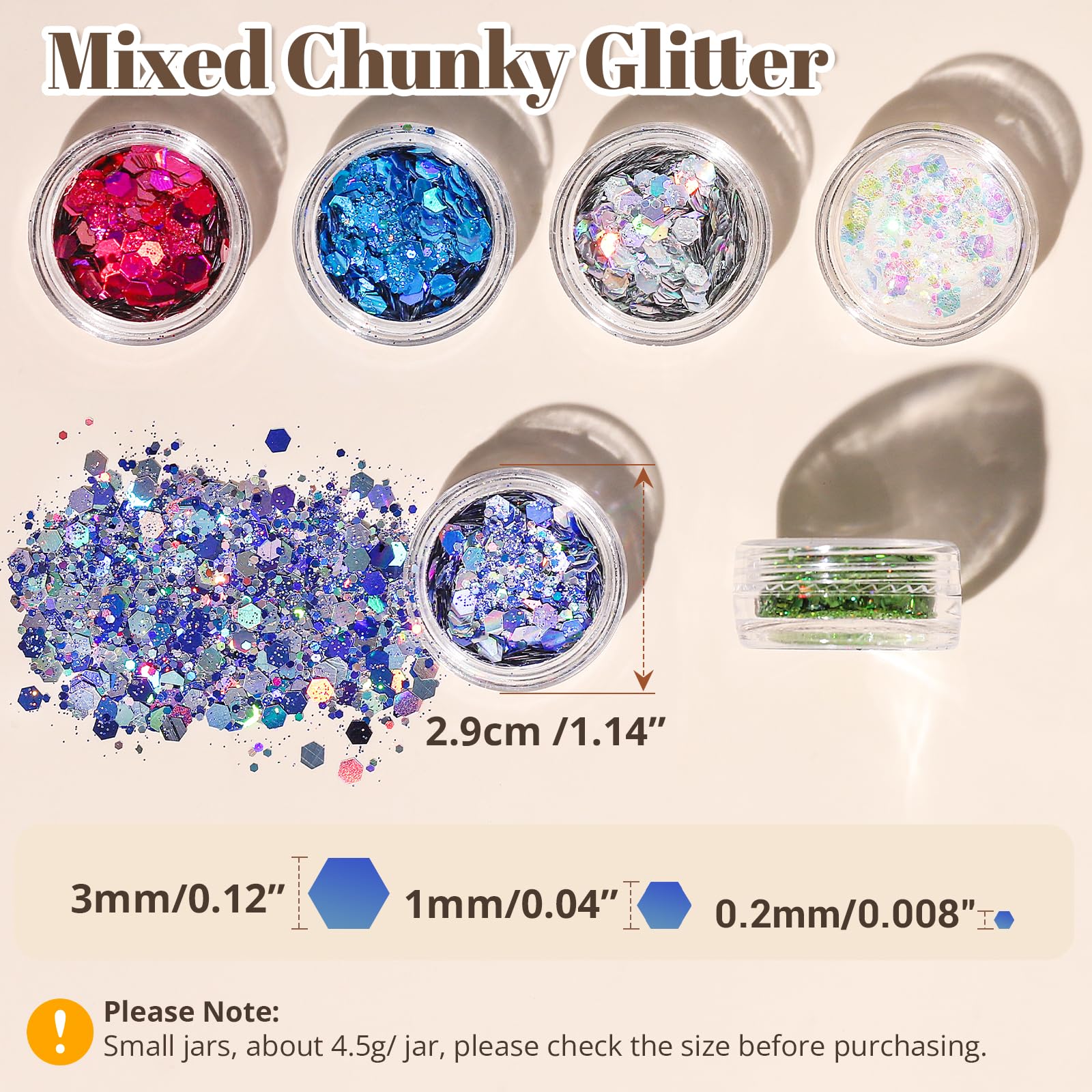 LEOBRO Chunky Glitter, 24 Colors Holographic Chunky Glitter for Crafts, Resin, Body Hair Face Nail Makeup, DIY Party Halloween Decorations