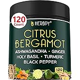 Herbpy 6in1 Citrus Bergamot Supplement with Ashwagandha, Holy Basil, Turmeric & Ginger Root - Healthy Aging, Immune & Relaxation - 120 Vegan Capsules