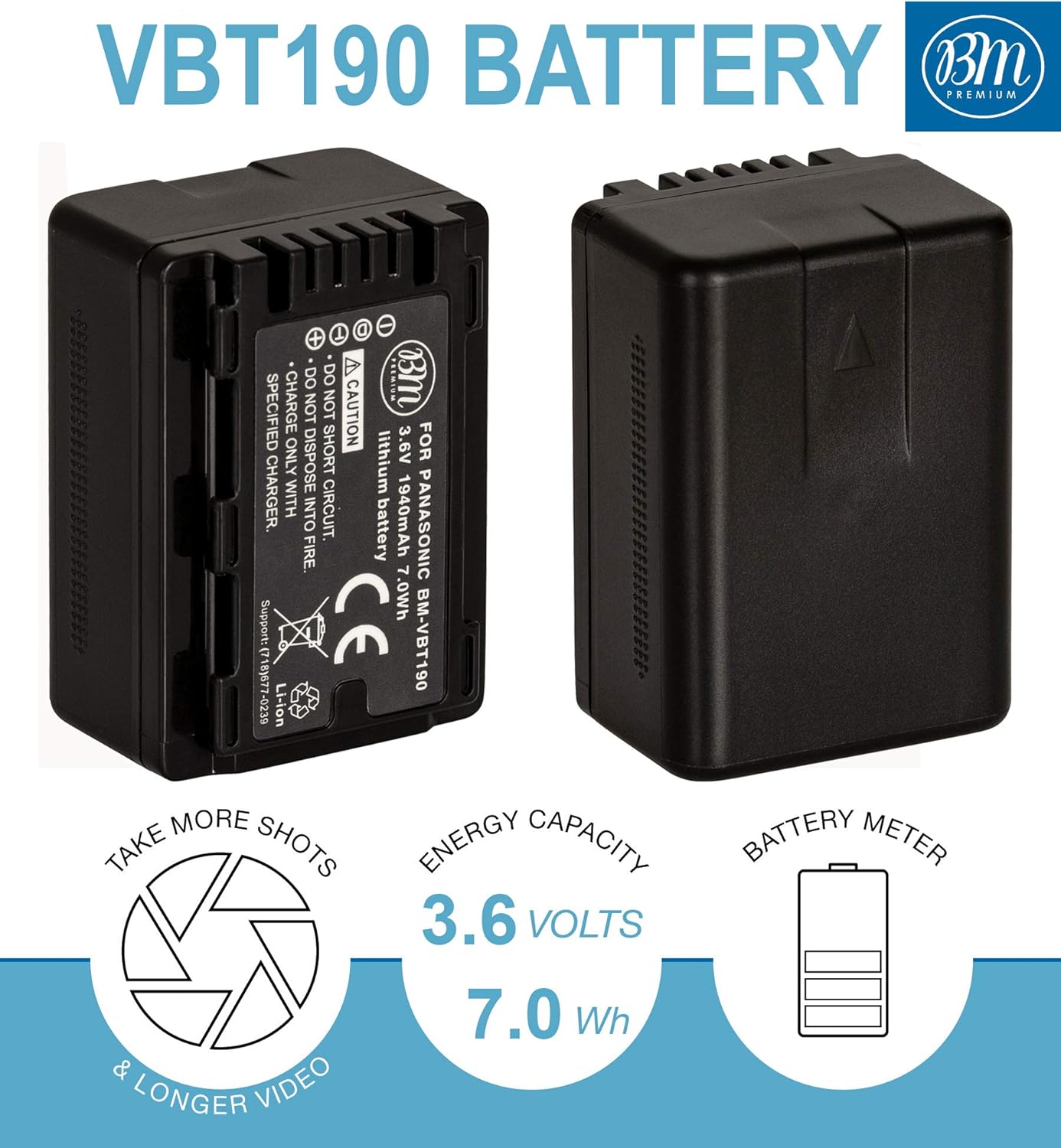 BM Premium 2-Pack of VW-VBT190 Batteries and Battery Charger for Panasonic HC-V800K, HC-VX1K, HC-WXF1K, HCV520, HC-V550, HCV710, HCV720, HC-V750, HC-V770, HC-VX870, HC-VX981, HC-W580, HC-W850, HCWXF99 : Camera & Photo