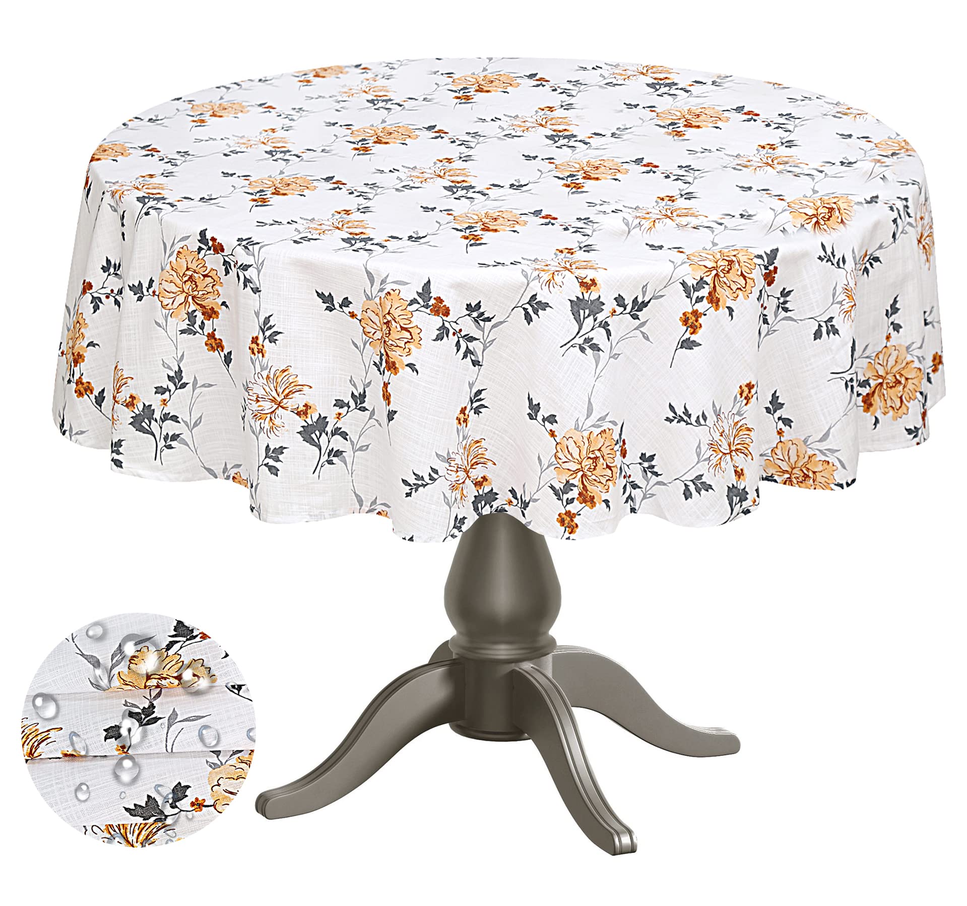 Ruvanti Table Cloth 70" Round 4-6 Seats, Premium Quality 100% Cotton Round Tablecloth, Washable Table Cover, Grey, Orange Floral Design, Buffet Table, Parties, Holiday Dinner, Wedding & More.
