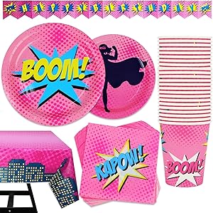 82 Piece Girl's Superhero Party Set Including Banner, Plates, Cups, Napkins, and Tablecloth, Serves 20