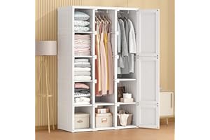 AWONGBOX Portable Closet Clothes Wardrobe Plastic Bedroom Armoire 14"x20" Depth Cube Storage Organizer with Hanging Rod and Doors，15 Cubes, White (Door Accessories)