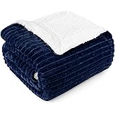 PAVILIA Navy Sherpa Fleece Throw Blanket for Couch, Soft Plush Fuzzy Blankets, Fluffy Flannel Sherpa Blanket for Sofa, Warm 3D Ribbed Winter Blanket Gift, 50x60 inches