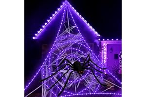COLOVIS Halloween Decorations Outdoor, 17.7Ft Giant Spider Web with 225 Purple LED Lights and a 47” Scary Spider, Large Spider Web for Party Yard Halloween Decor
