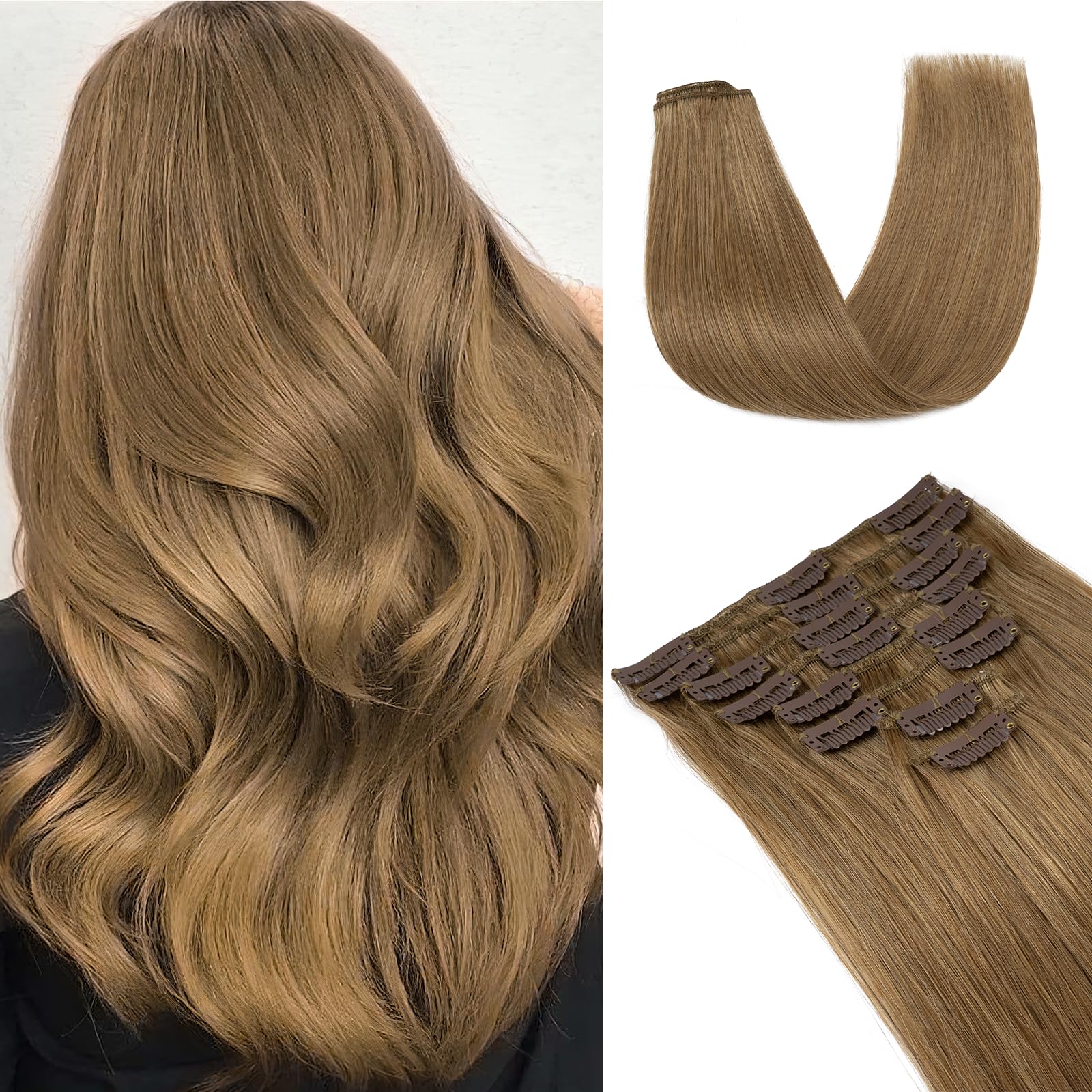 UK-Fashion-Shop Human Hair Extensions Clips in Real Hair Extension 8pcs 18 clips Long Straight Natural 14inch(60g)#6 Light Brown — image 1