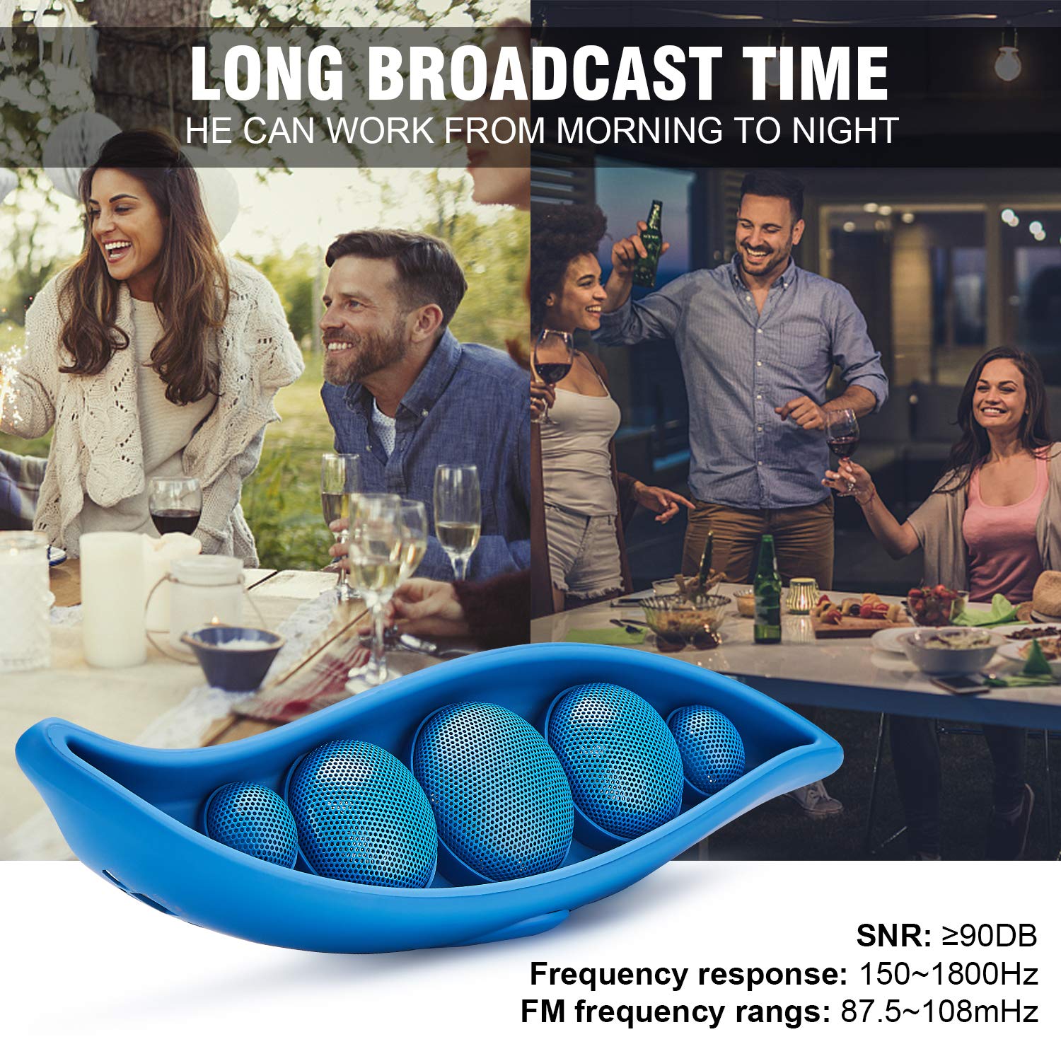 Bluetooth Speaker with Superior Stereo Sound, Exclusive Pea Appearance, 5-Watts, 24-Hour Playtime, Perfect Wireless Speaker for Home (Blue)