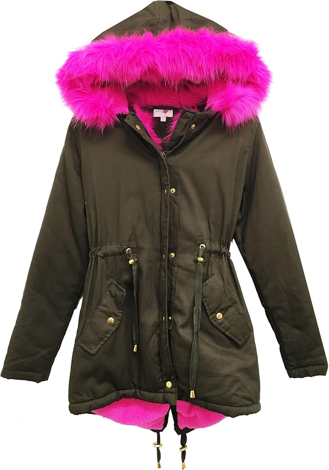 khaki faux fur trim parka coat