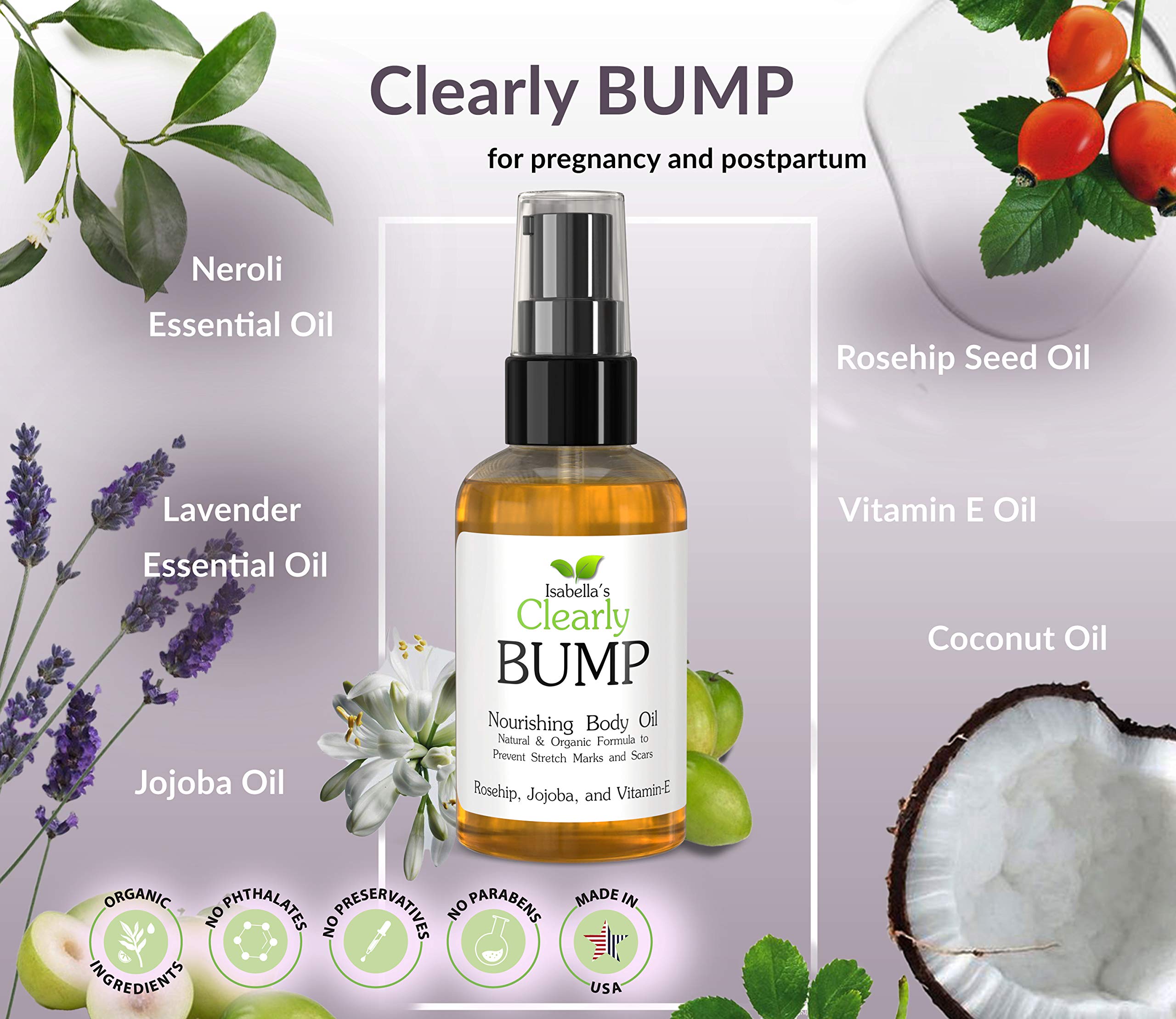 Isabella's Clearly BUMP, Organic Belly Oil for Moms and Moms to Be | Firming, Hydrating, Skin Nourishing Moisturizer for Skin Elasticity, Stretch Marks, Scars | Pregnancy, Maternity, Postpartum