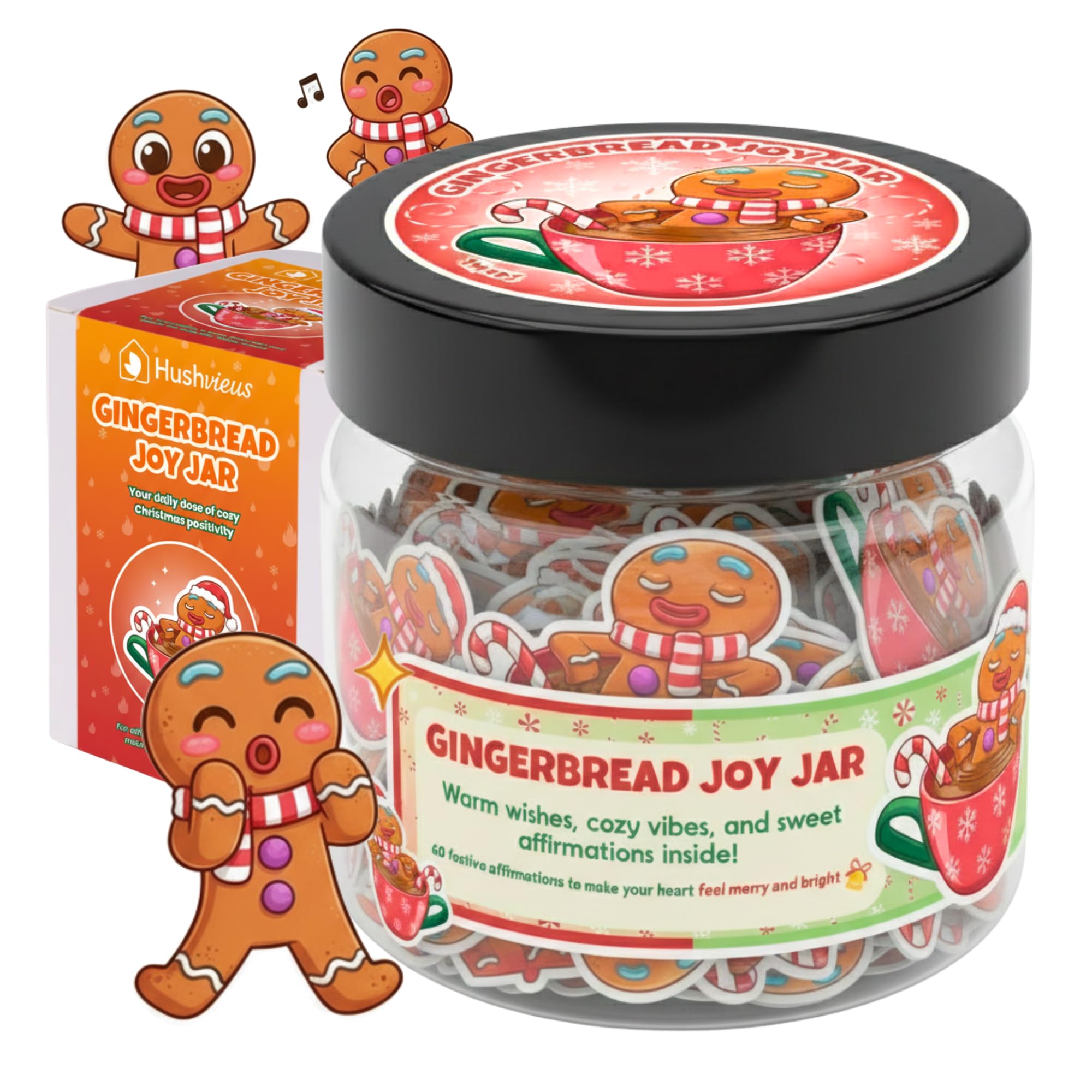 HUSHVIEUS Positive Gingerbread Jar – 60 Funny Cards, Stocking Stuffers, Xmas Christmas White Elephant Gifts for Teenage, Women, Adults, Mom, Teachers, Sisters, Friends, Teen Girl Gifts Trendy Stuff