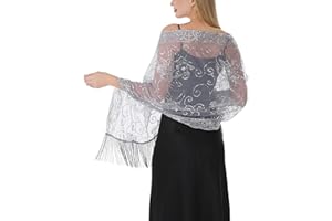 FEOYA Sequin Fringe Shawl for Women Sparkly Glitter Sheer Wrap for Formal Evening Dresses Wedding Bridal Accessory