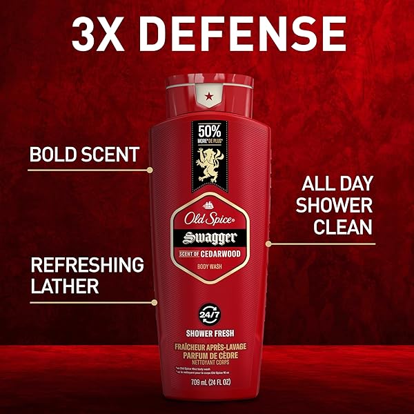 OLD SPICE REFRESHING BODY WASH FOR MEN, 3X DEFENSE, 24/7 SHOWER FRESH WITH LONG LASTING SCENT, RED COLLECTION, SWAGGER WITH CEDARWOOD SCENT, 24 OZ (PACK OF 2)