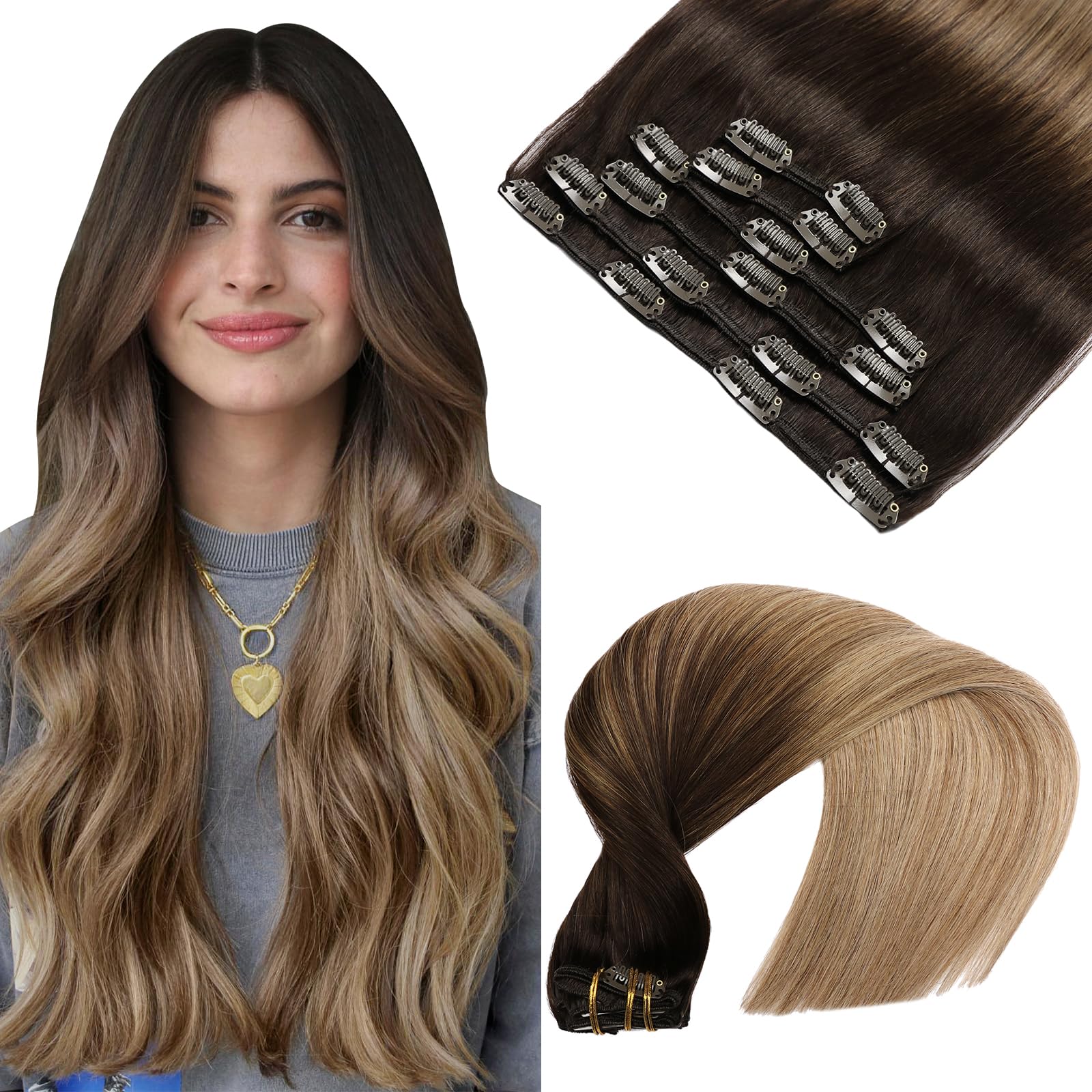 VINBAO Clip in Human Hair Extensions 14 Inch 100g 6pcs Clip in Hair Extensions Dark Brown To Chestnut Brown Highlight Ash Blonde Hair Extension Real Human Hair Double Weft (#C2/6/18, 14'') โ image 1