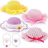 Zhanmai 4 Pcs Tea Party Hats for Girls Sun Dress up Straw Hats for Kids Toddlers with 4 Pcs Pearl Bracelets for Children Costume Birthday Party Supplies Beach Travel Gifts