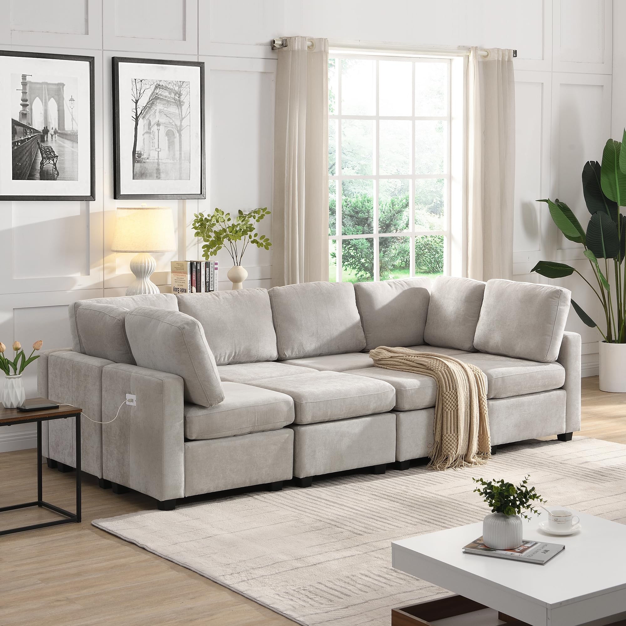 Photo 1 of ** set 2/4 and 3/4 only **Oversized Reversible Modular Sectional Sofa Couch Convertible Sleeper Sofabed with Movable Ottomans , 6 Seater Free Combination Chenille Upholstered Cushion Sofa&Couch w/ USB Ports for Living Room