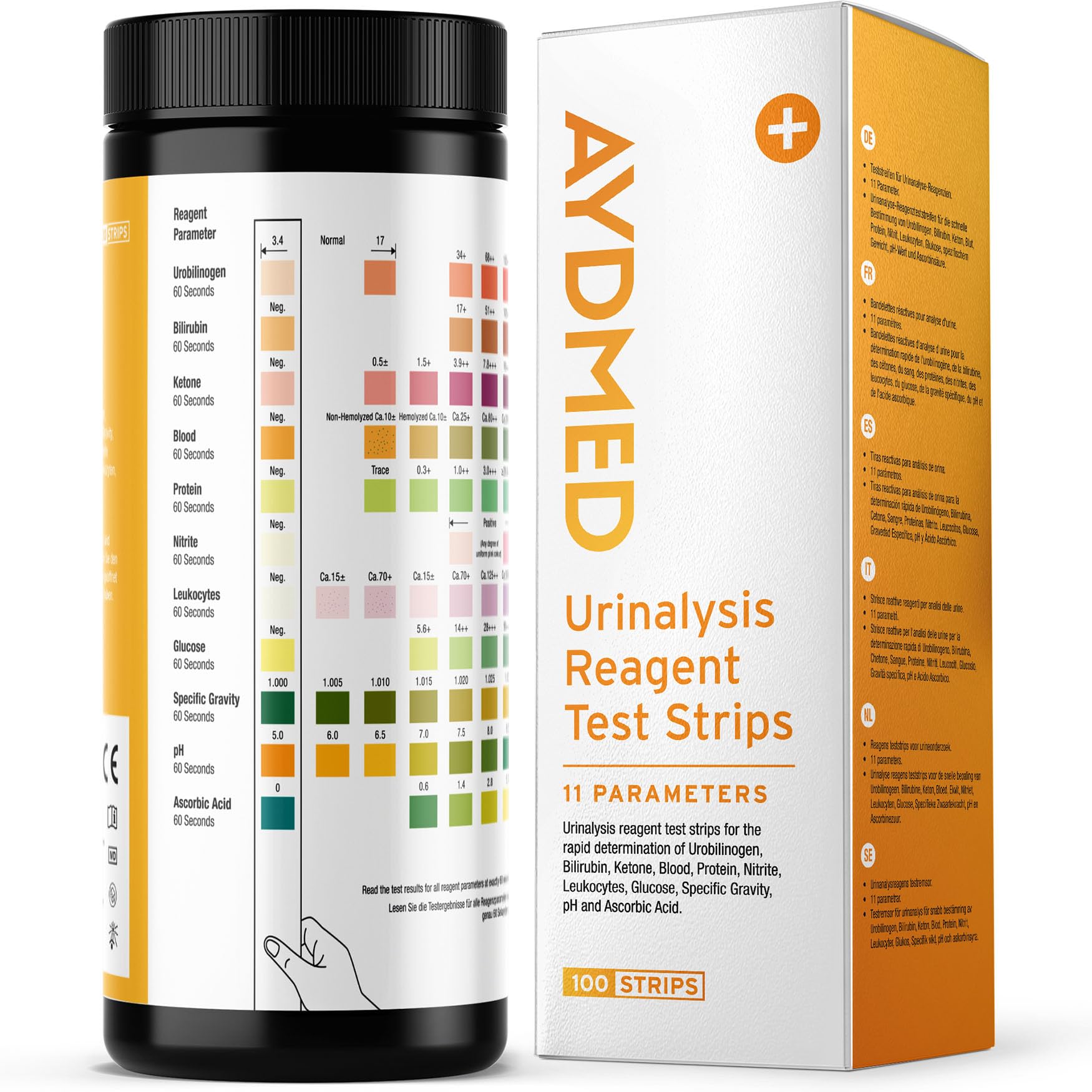 100 x AYDMED 11-in-1 Urine Test Strips | 11 Parameter Urine Test Strips for Urobilinogen, Bilirubin, Ketone, Blood, Protein, Nitrite, Leukocytes, Glucose, Specific Gravity, pH & Ascorbic Acid