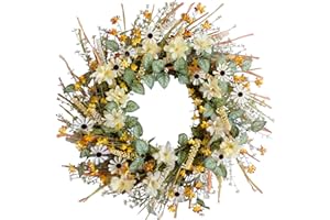 idyllic 22 Inches Fall Front Door Wreath with Yellow and White Daisies Flowers, Ear of Wheat, Green Leaves, Autumn Harvest Wreath for Festival Thanksgiving Farmhouse Wall Home Decor
